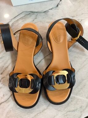 See By Chloe Black Leather Sandals with Gold Buckle